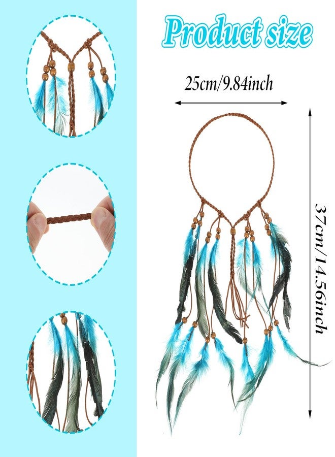 guduling Native American Headdress,Indian Headdress,Boho Indian Feather Headband,Hippie Headbands for Women, Native American Hair Accessories for Women and Girls (Blue) - Image 2